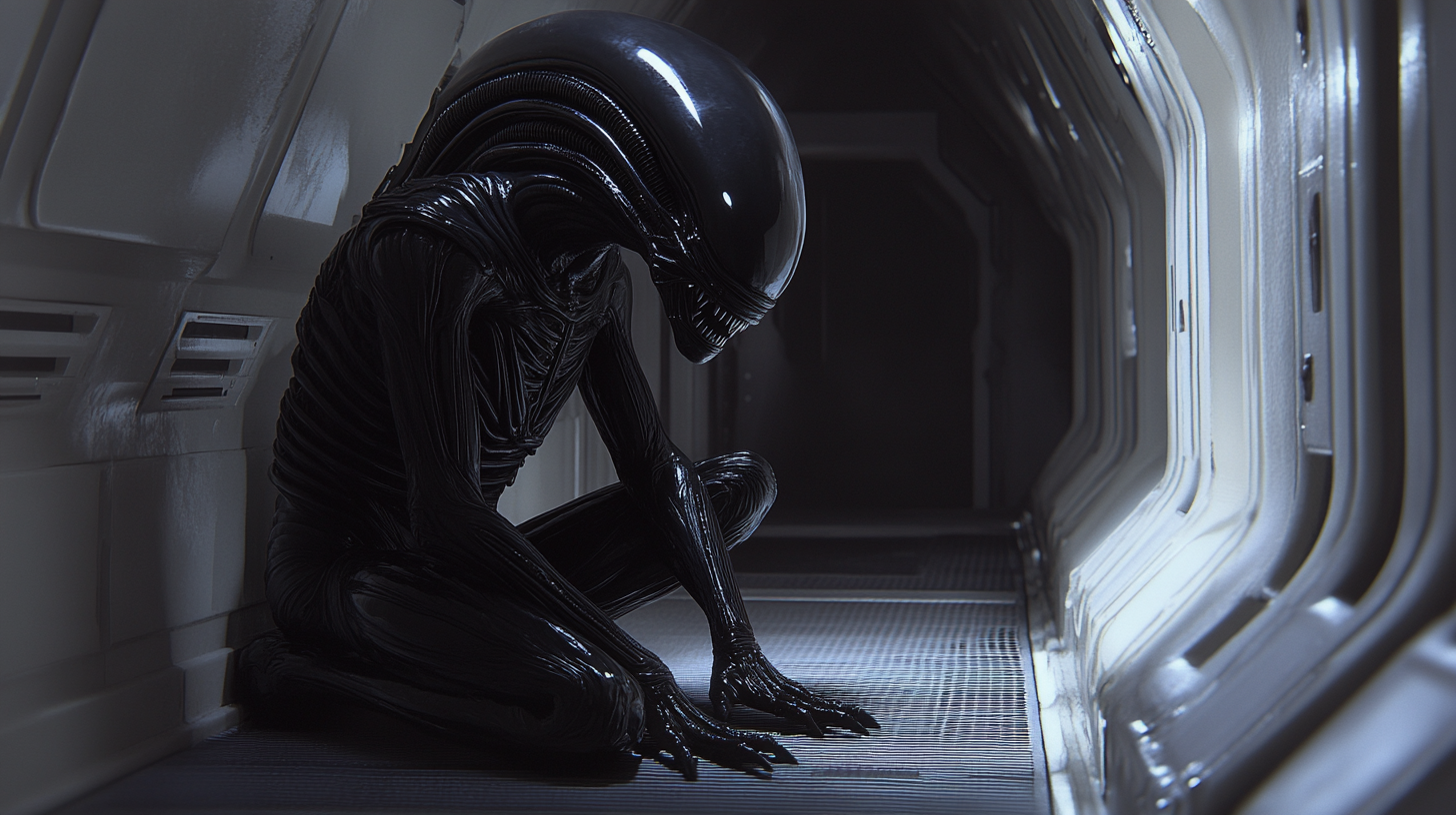 Xenomorph crouching in spaceship corridor, resembling first movie.