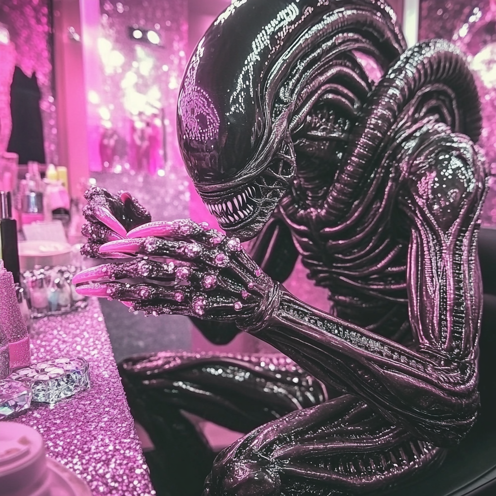 Xenomorph getting nails done with diamonds in pink salon.