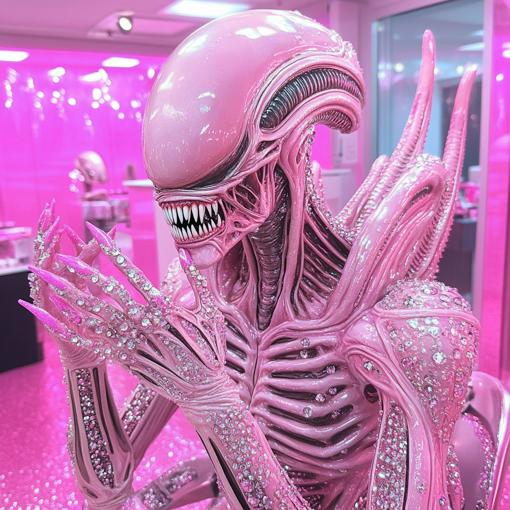 Xenomorph getting pink nails in sparkly pink salon.