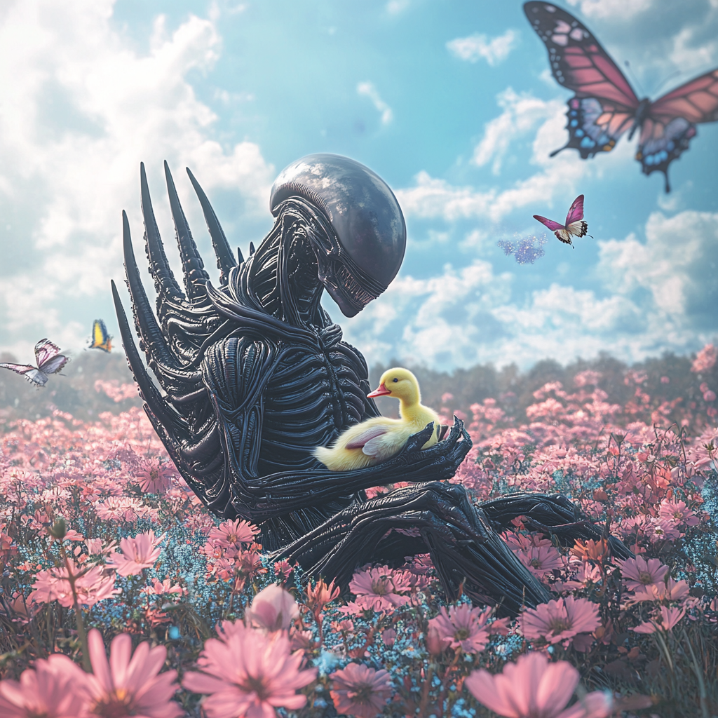 Xenomorph holding baby duck in flowery meadow, sunny day.