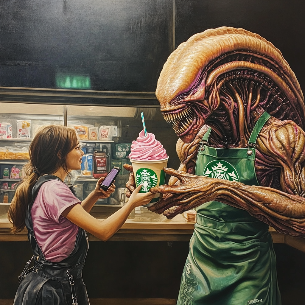 Xenomorph in Starbucks uniform serving unicorn frappuccino, customer distracted.