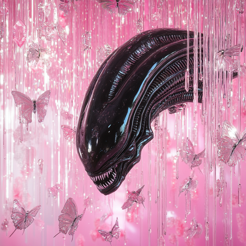 Xenomorph photoshoot in a pink sparkly room.