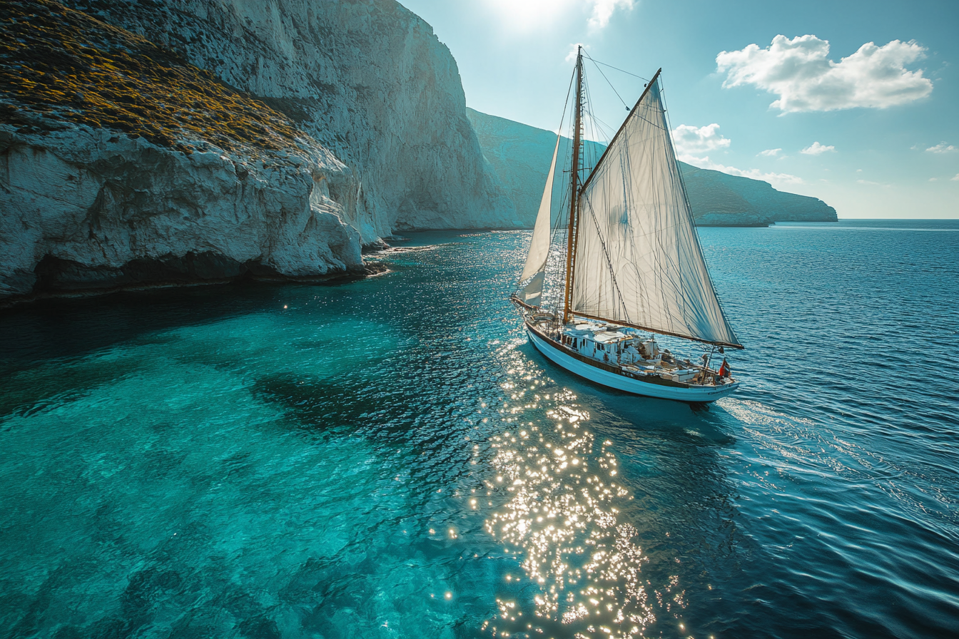 Yacht sailing in Cyclades with glistening sea.