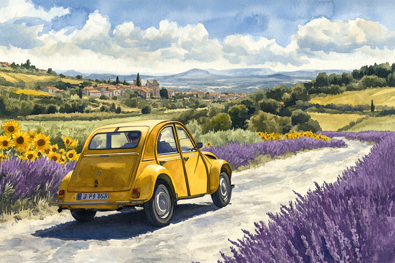 Yellow Citroen 2CV drives in Provence, France, sunflowers.