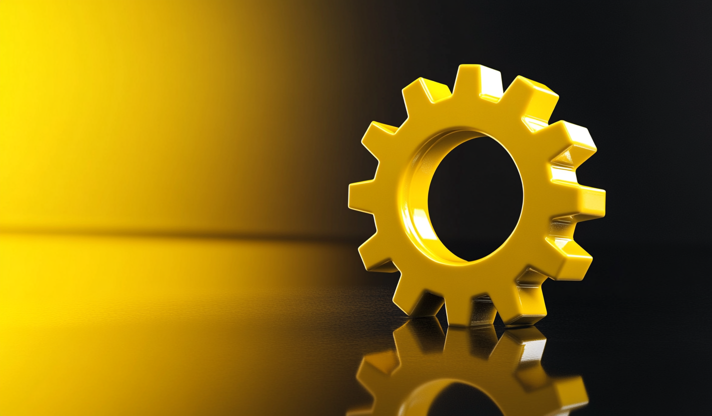 Yellow Gear Icon on Reflective Surface with Digital Theme