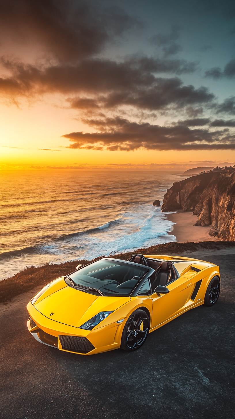 Yellow Lamborghini on cliff with ocean waves and sunset.