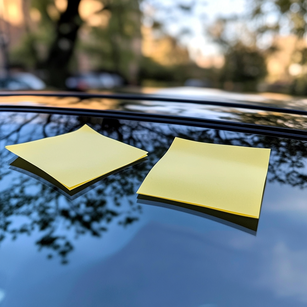 Yellow Post-It Notes on Nissan Juke Windshield 