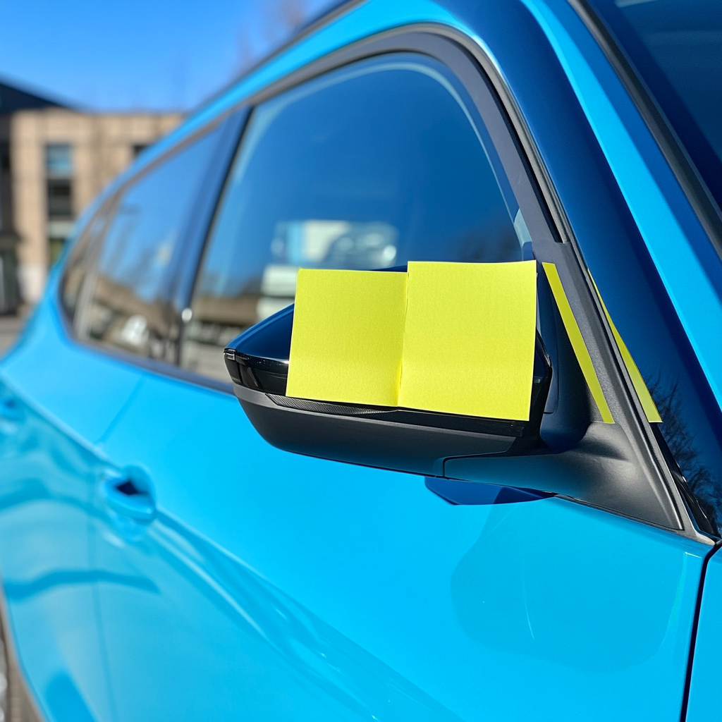 Yellow Post-It Notes on Vauxhall Mokka Car Window 