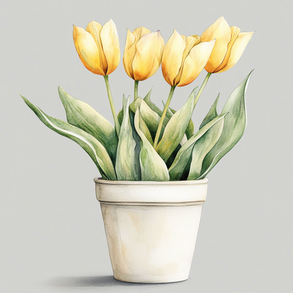 Yellow Tulips in Beautiful Pot, Watercolor Illustration