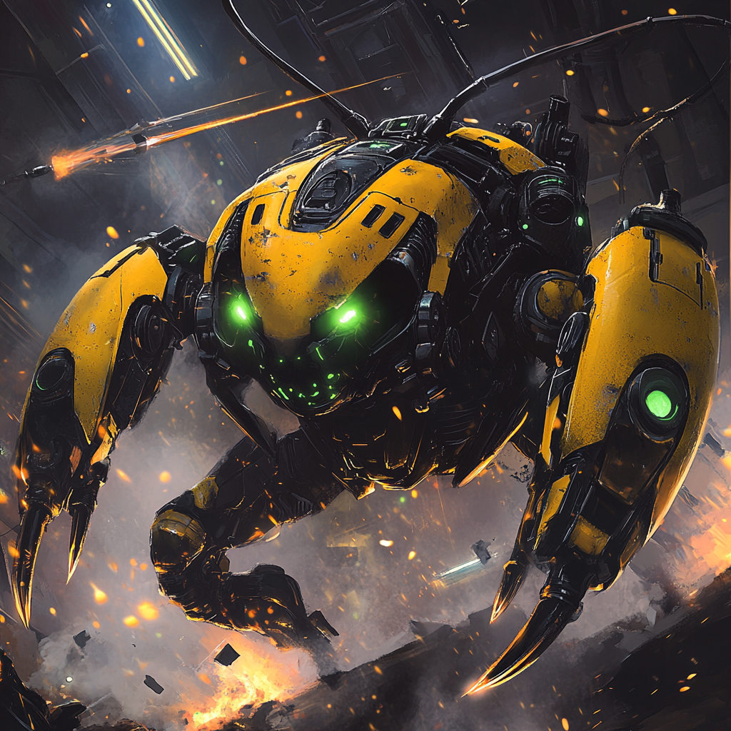 Yellow and black battle robot with beetle head and cannons.