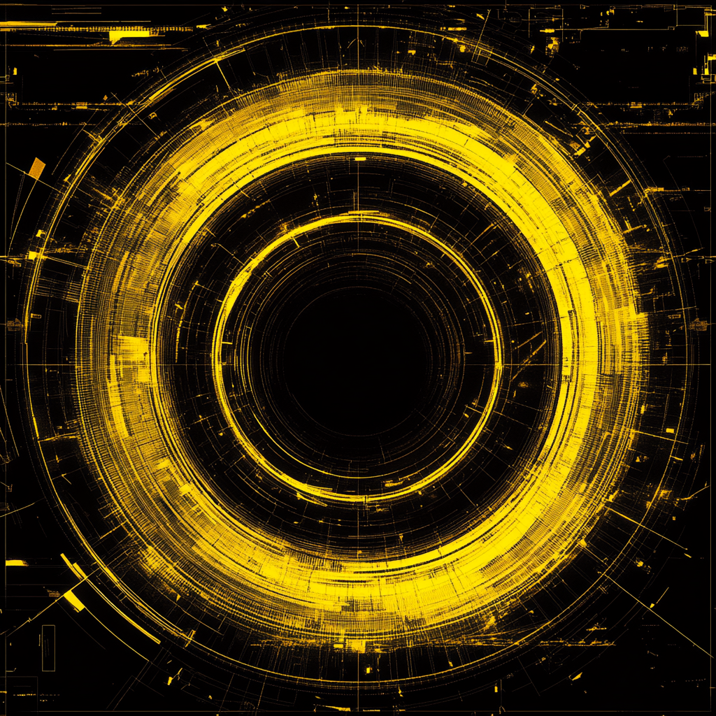 Yellow and black futuristic digital art cycle symbol.