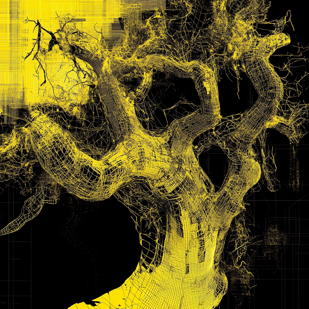 Yellow and black futuristic digital art of tree trunk.