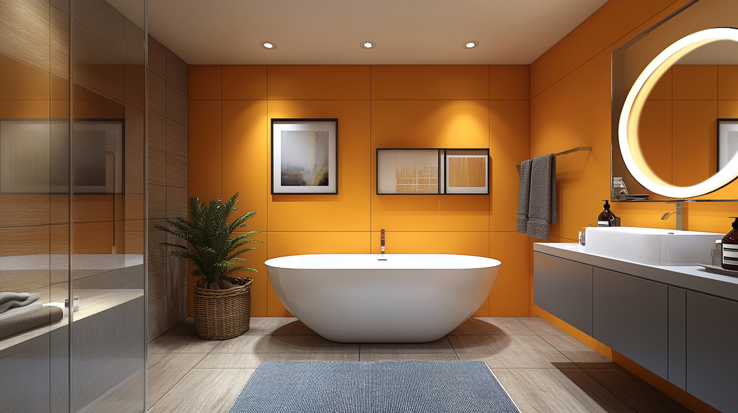 Yellow bathroom with grey and navy elements, inviting warmth.