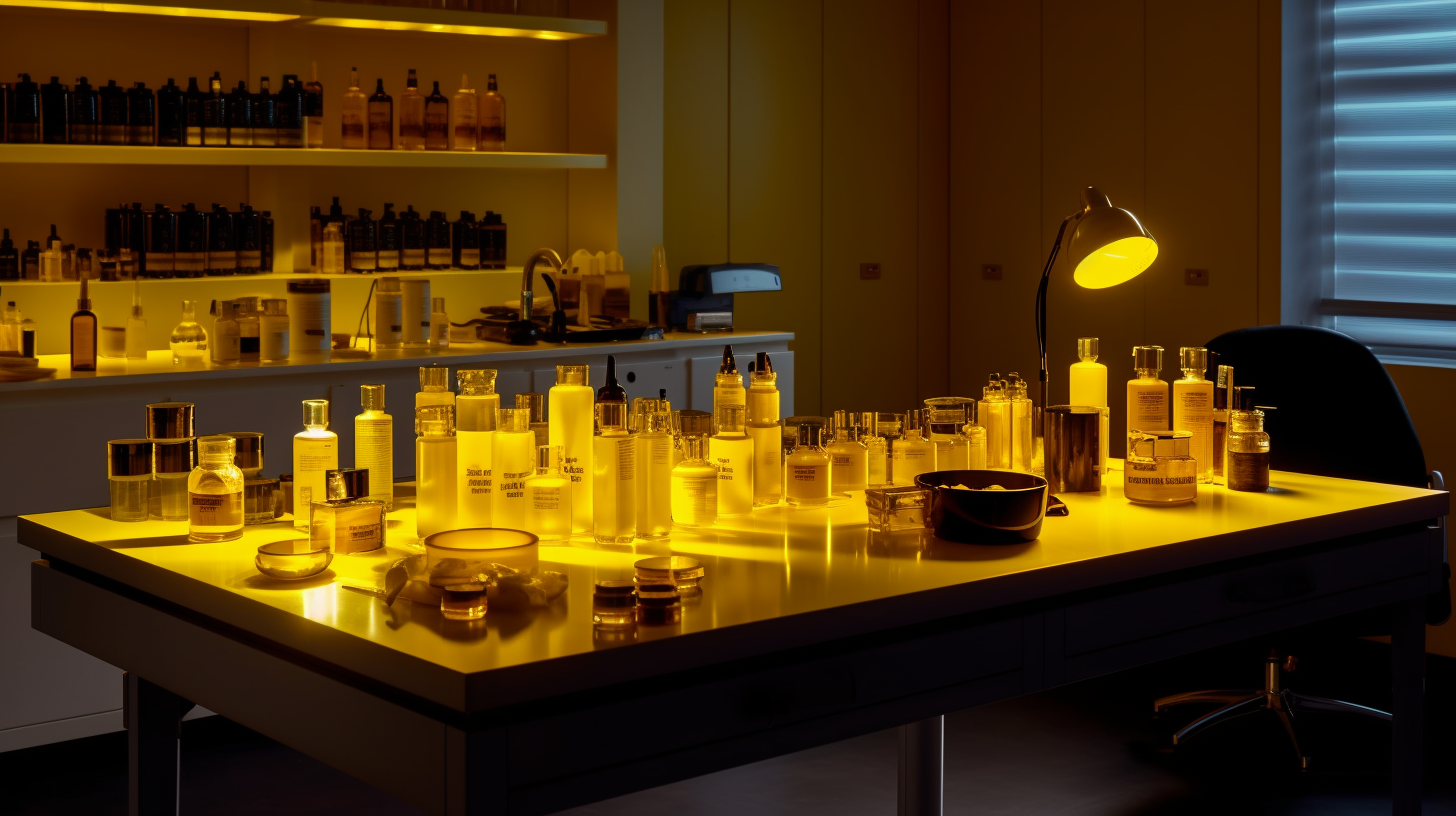 Yellow beauty lab with black beakers in sunlight.