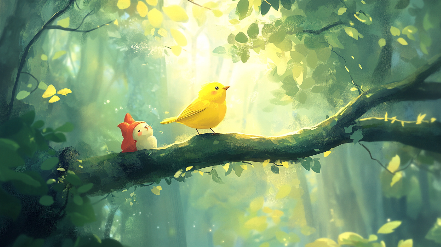 Yellow bird singing on high branch with Red Riding Hood.