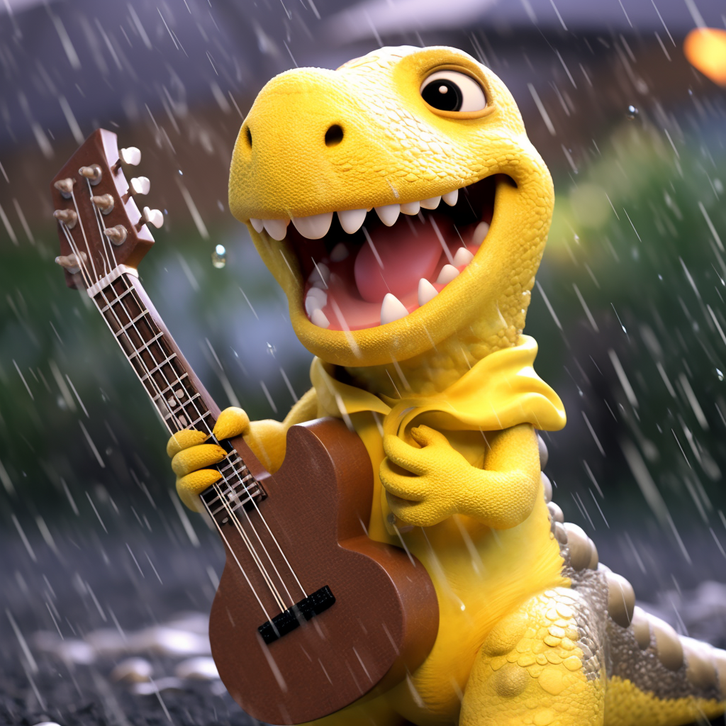 Yellow child dinosaur with big eyes in stormy clay animation.