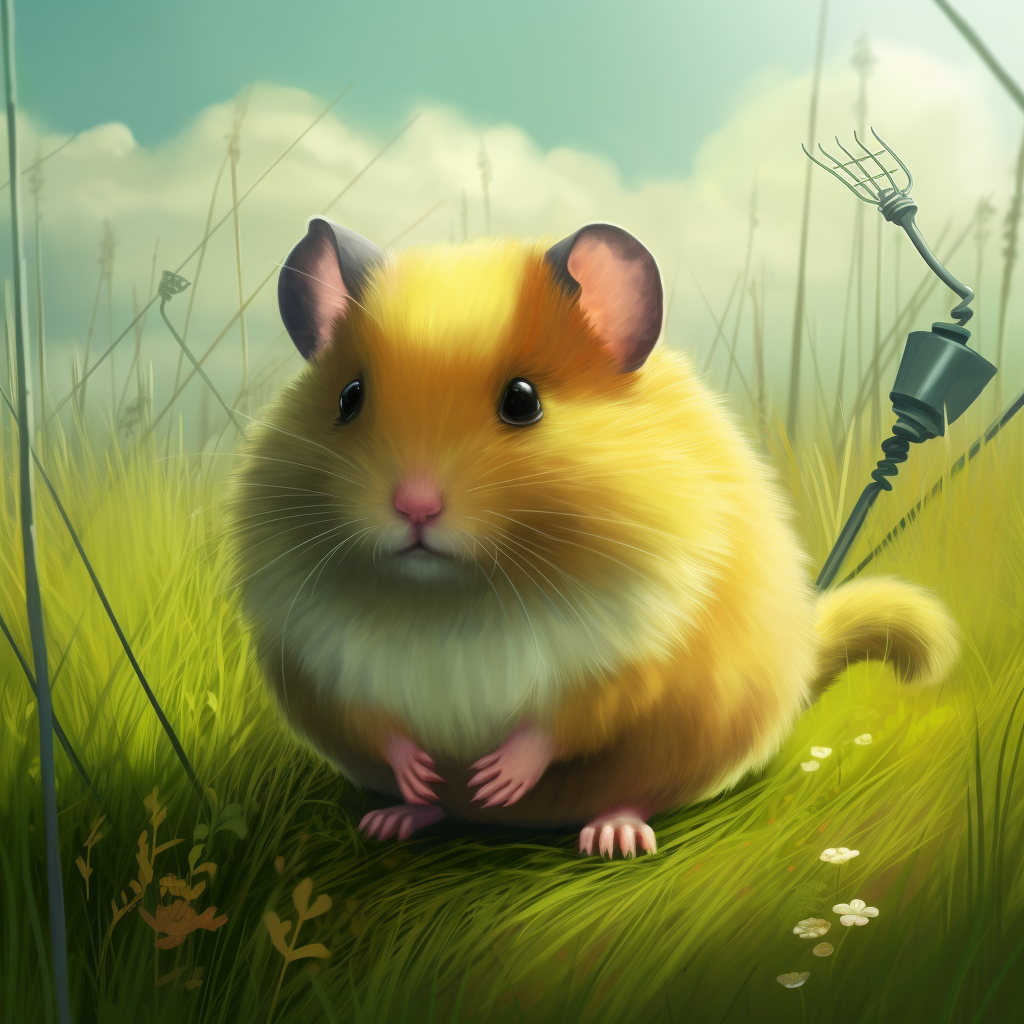 Yellow hamster with electric tail in grassy field.