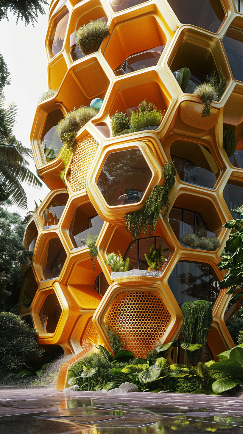 Yellow honeycomb-shaped futuristic building, surrounded by lush plants.