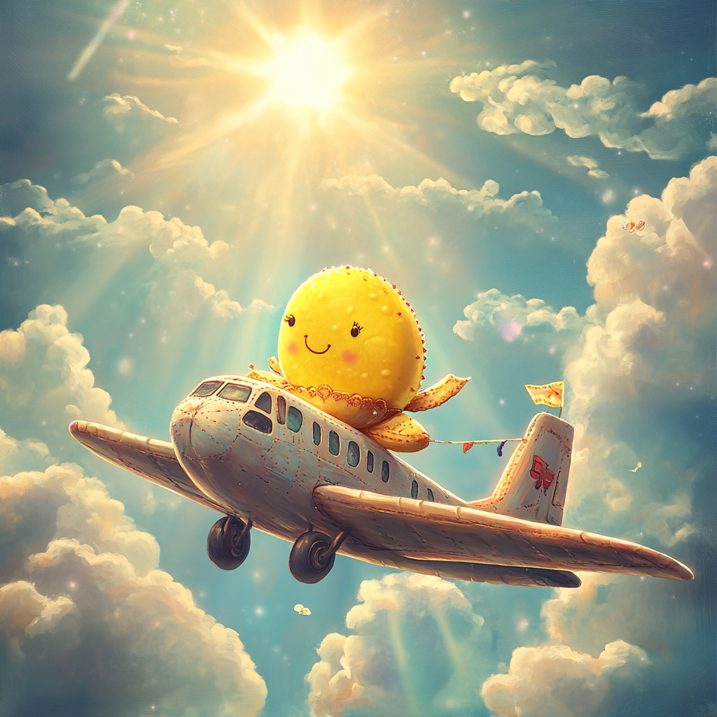 Yellow modak on airplane in sunny sky with clouds.