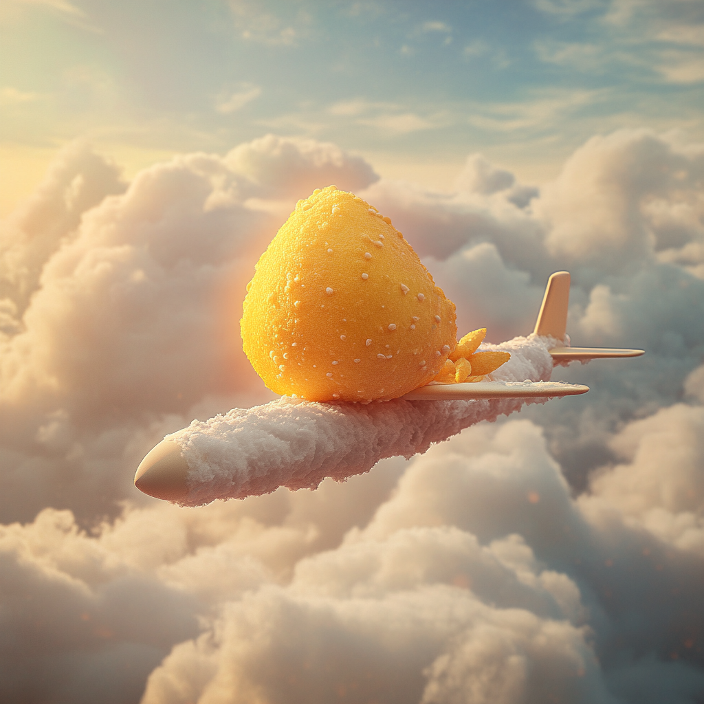 Yellow modak on airplane with cloud background under sunlight.