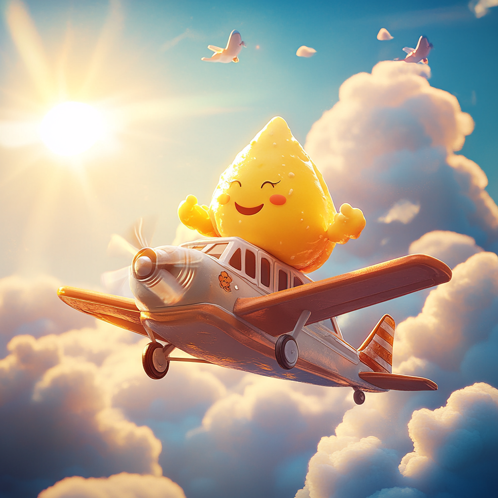 Yellow modak on flying airplane in sunny sky.