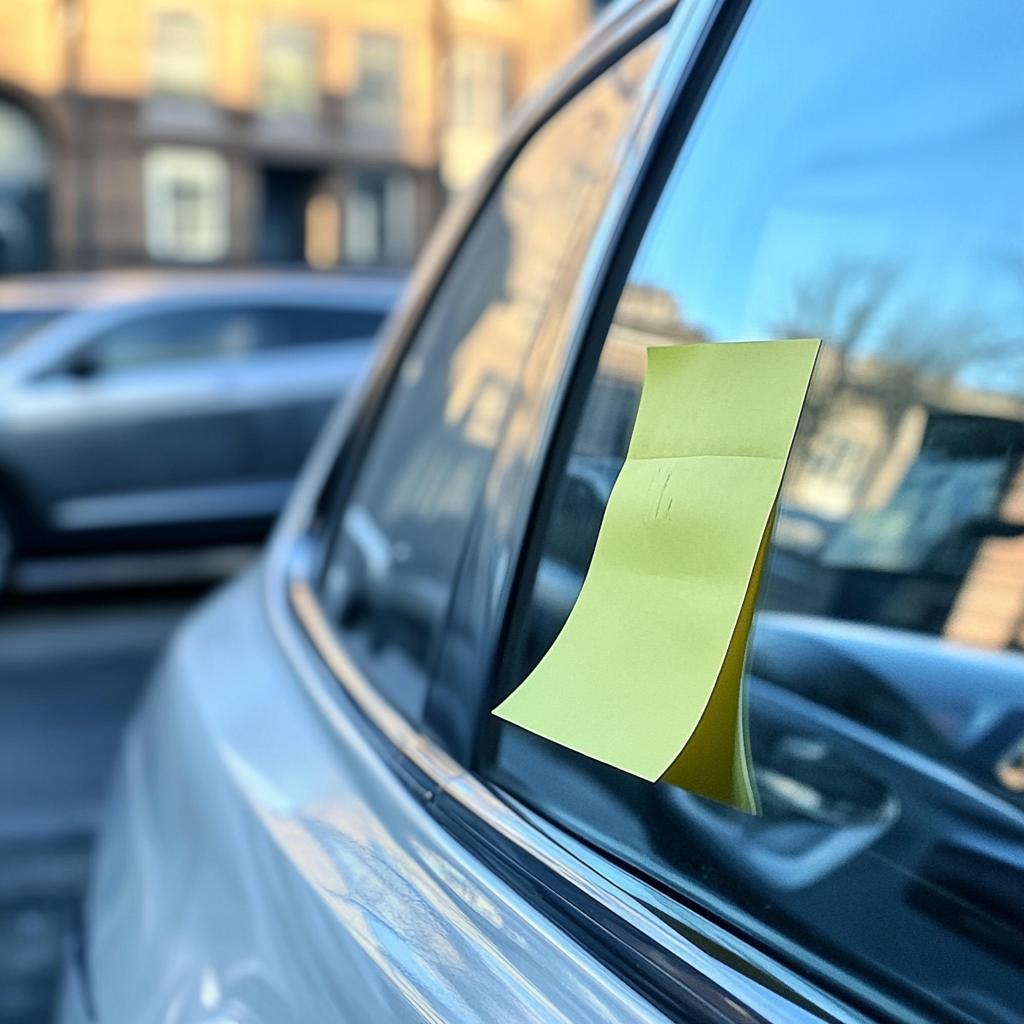 Yellow post-it notes on car window in Manchester parking lot