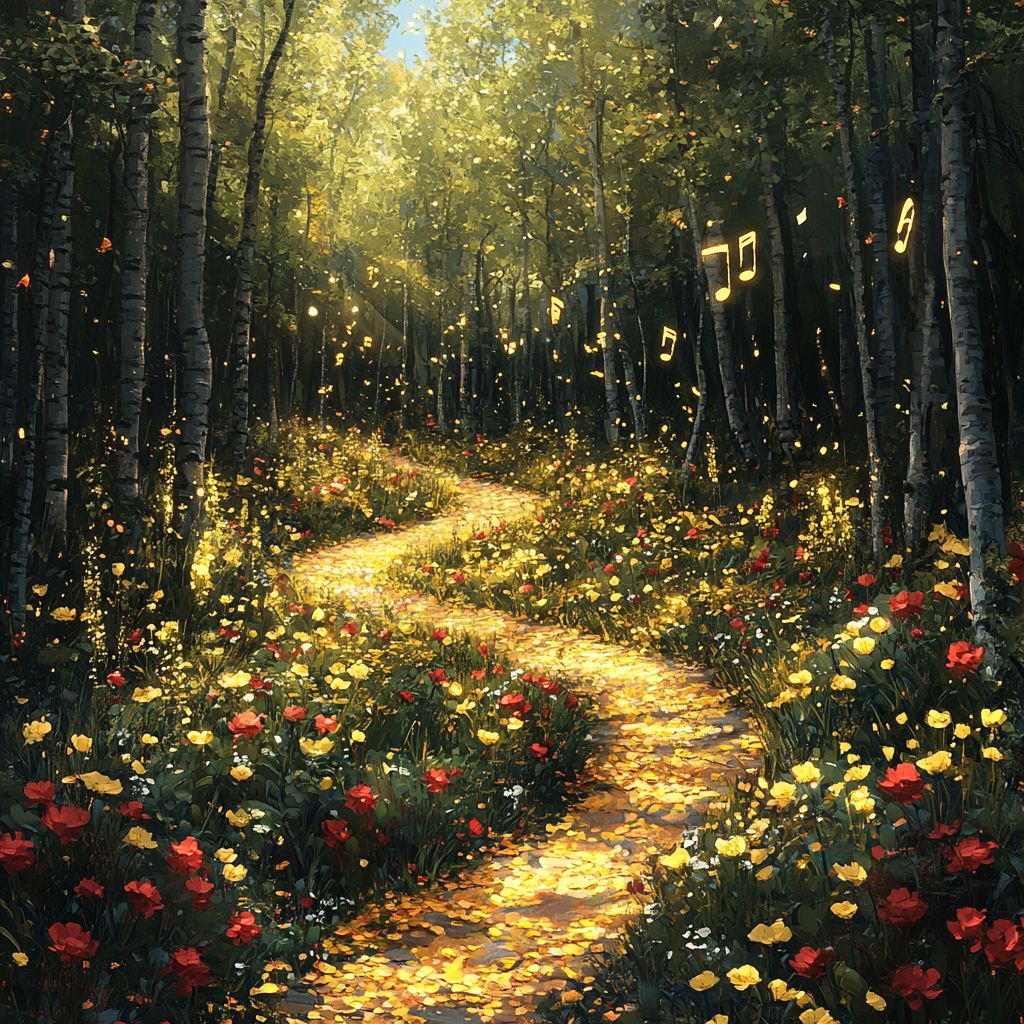 Yellow sunbeams and music notes winding through green forest.