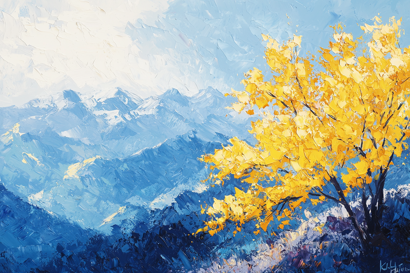 Yellow trees painted with scraper on mountains, sun shining.