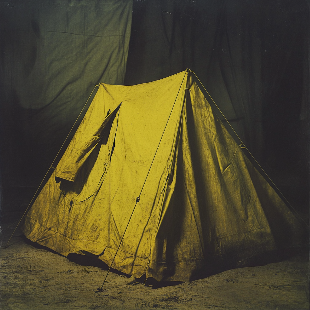 Yellow worn tent highlighted by bright lighting. Stand out.