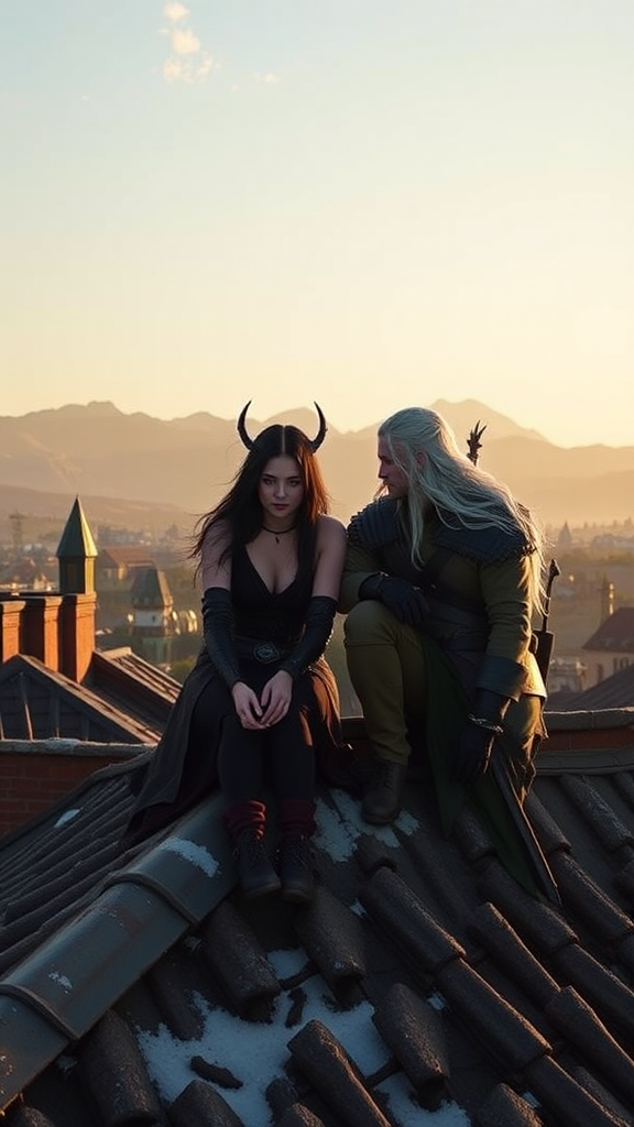 Yennifer and Geralt sit on rooftop together.