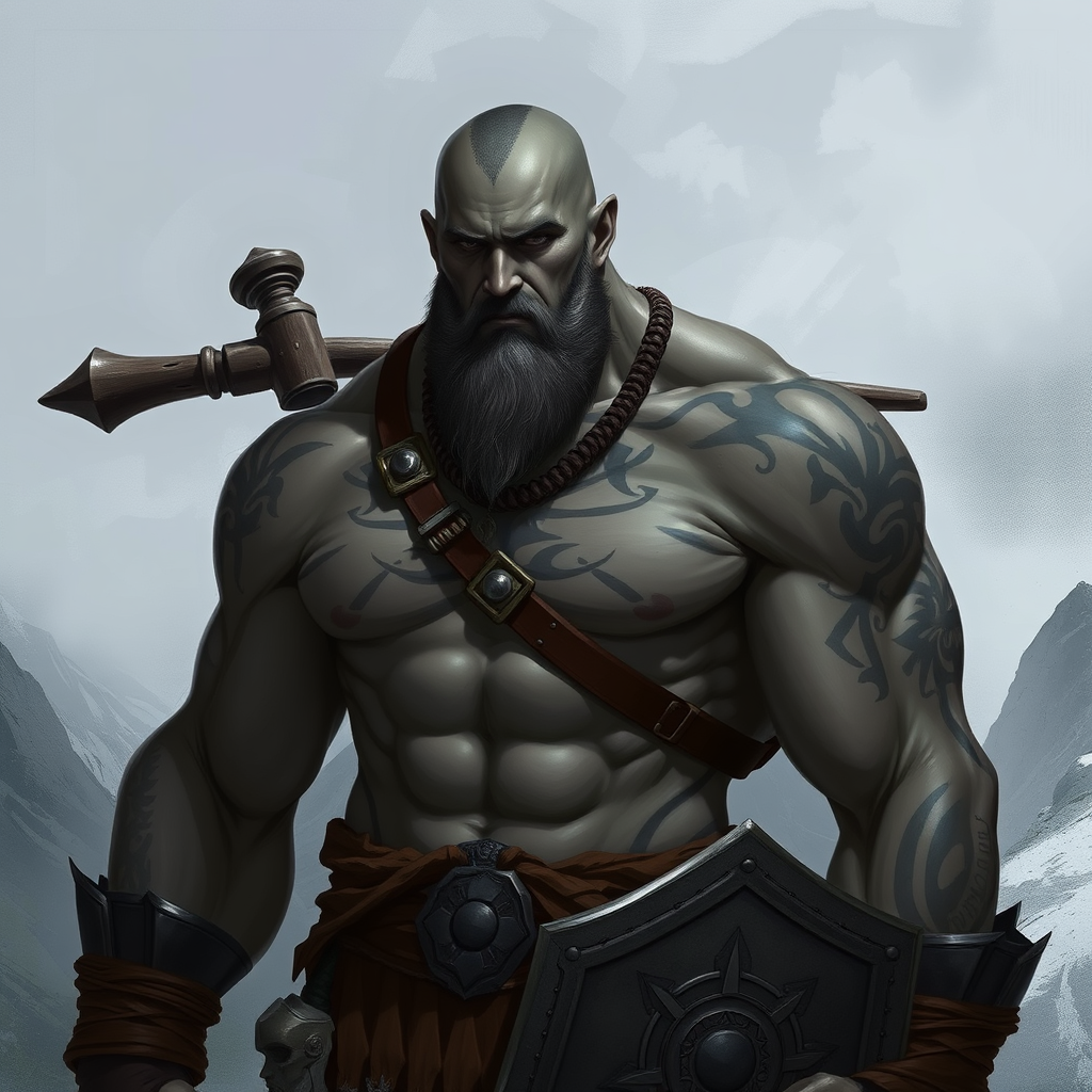 Young, Bald Barbarian with Shield in Mountains
