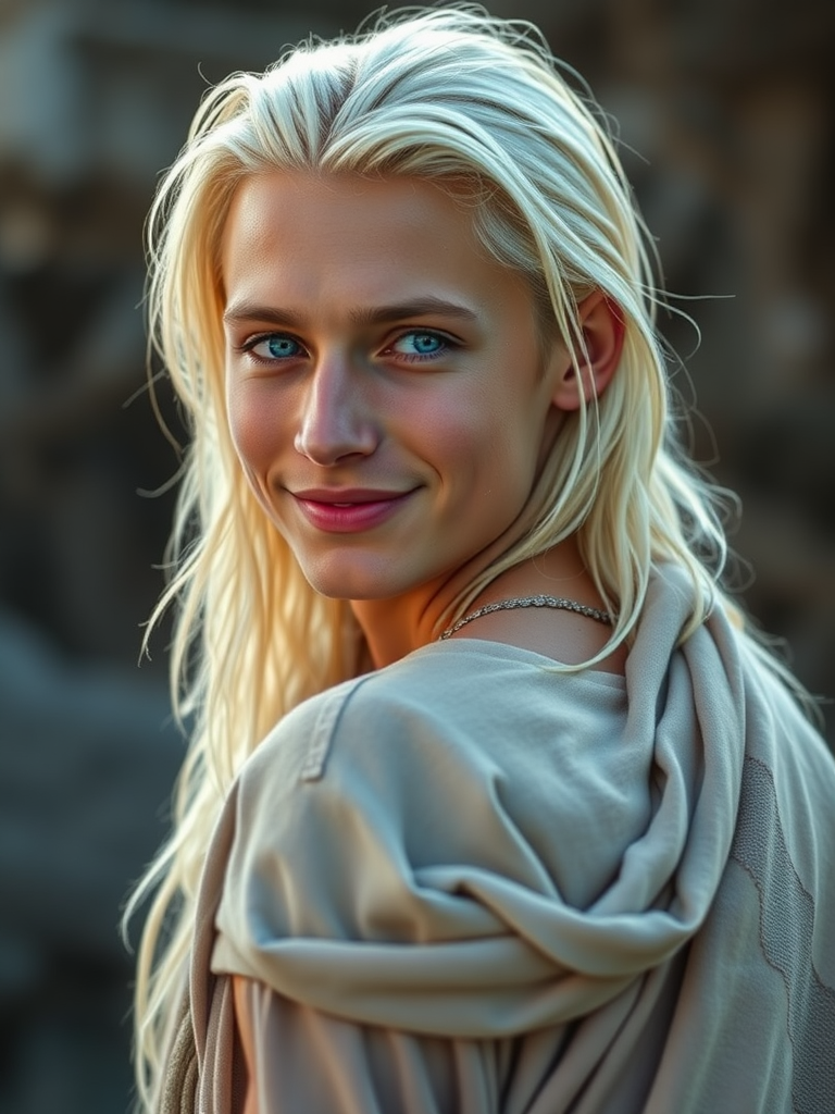 Young, Serene Man with Platinum Hair and Tribal Attire
