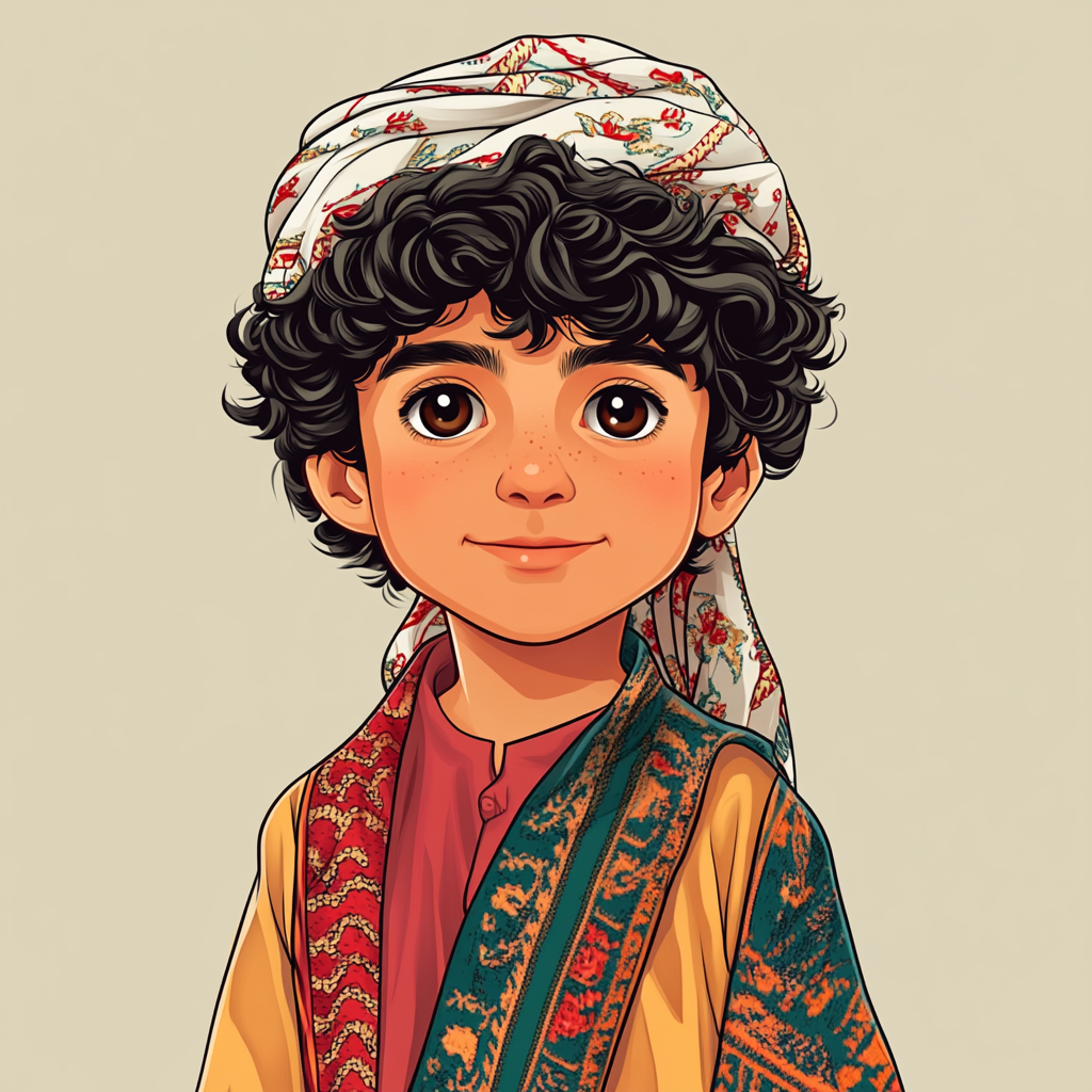 Young Arab boy in colorful traditional robe and keffiyeh.