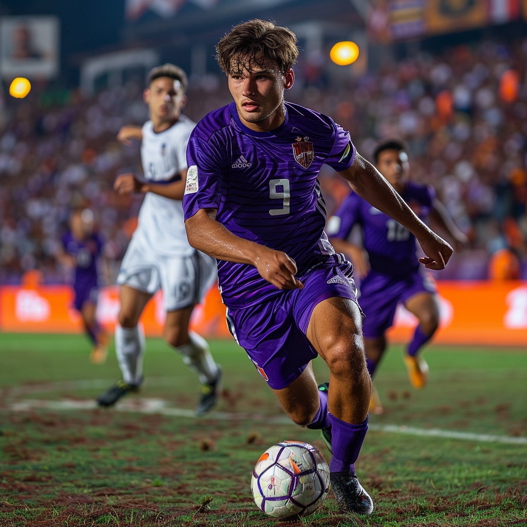 Young Argentinian athlete in purple Fiorentina kit running passionately.