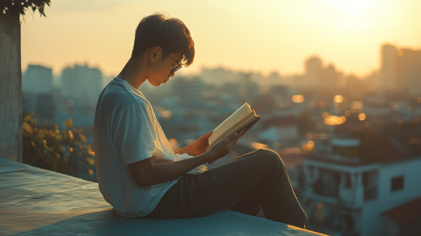 Young Asian Man Reading Book on Sunny Rooftop