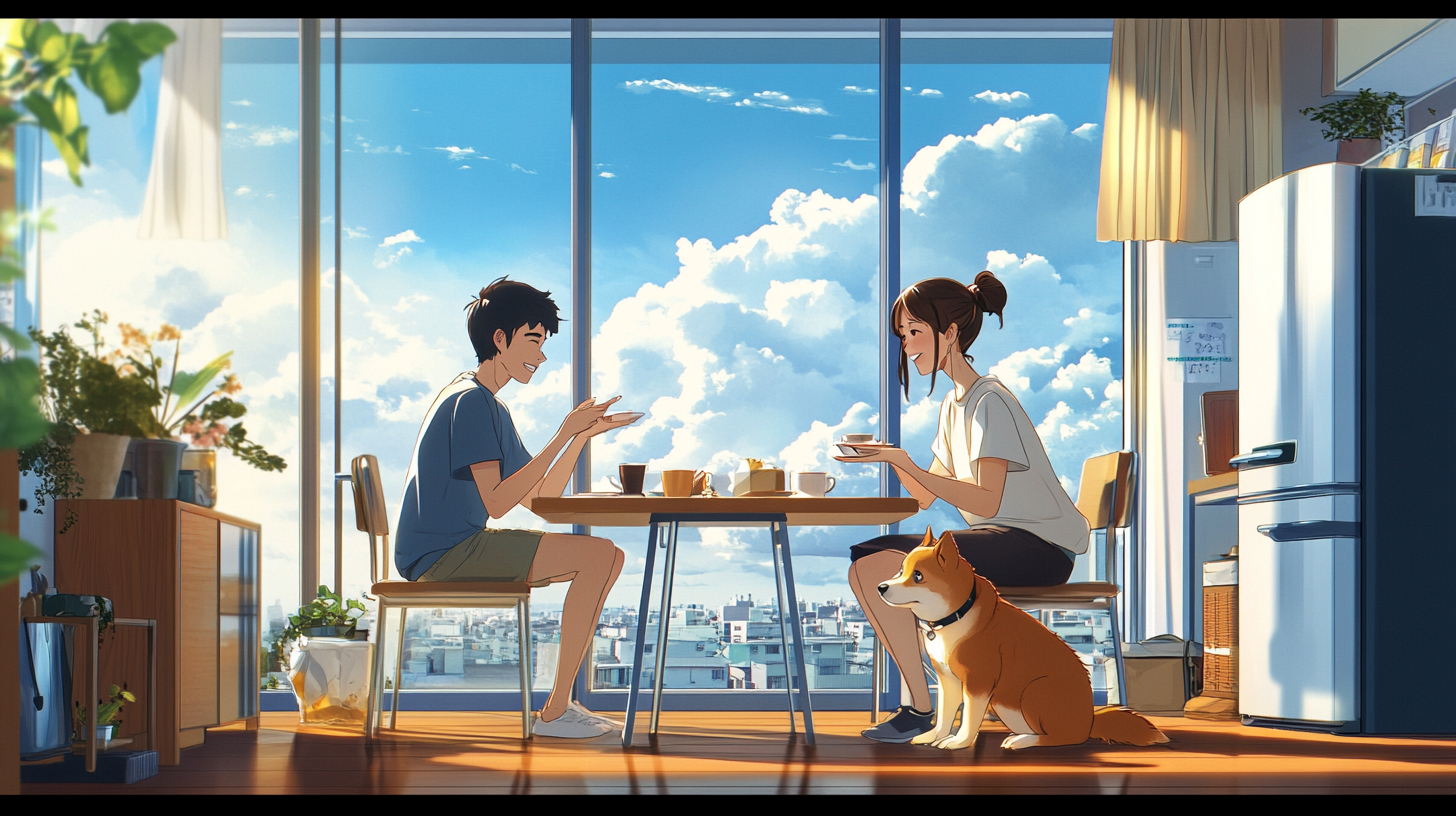 Young Asian couple having conversation over breakfast. Shiba inu.