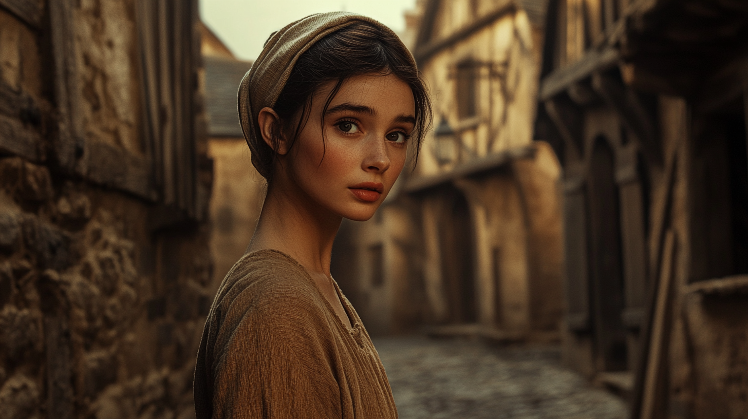 Young Audrey Hepburn lookalike in medieval Bree setting.