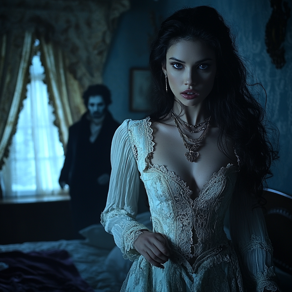 Young Beautiful Vampire Reaches Out in Bedroom