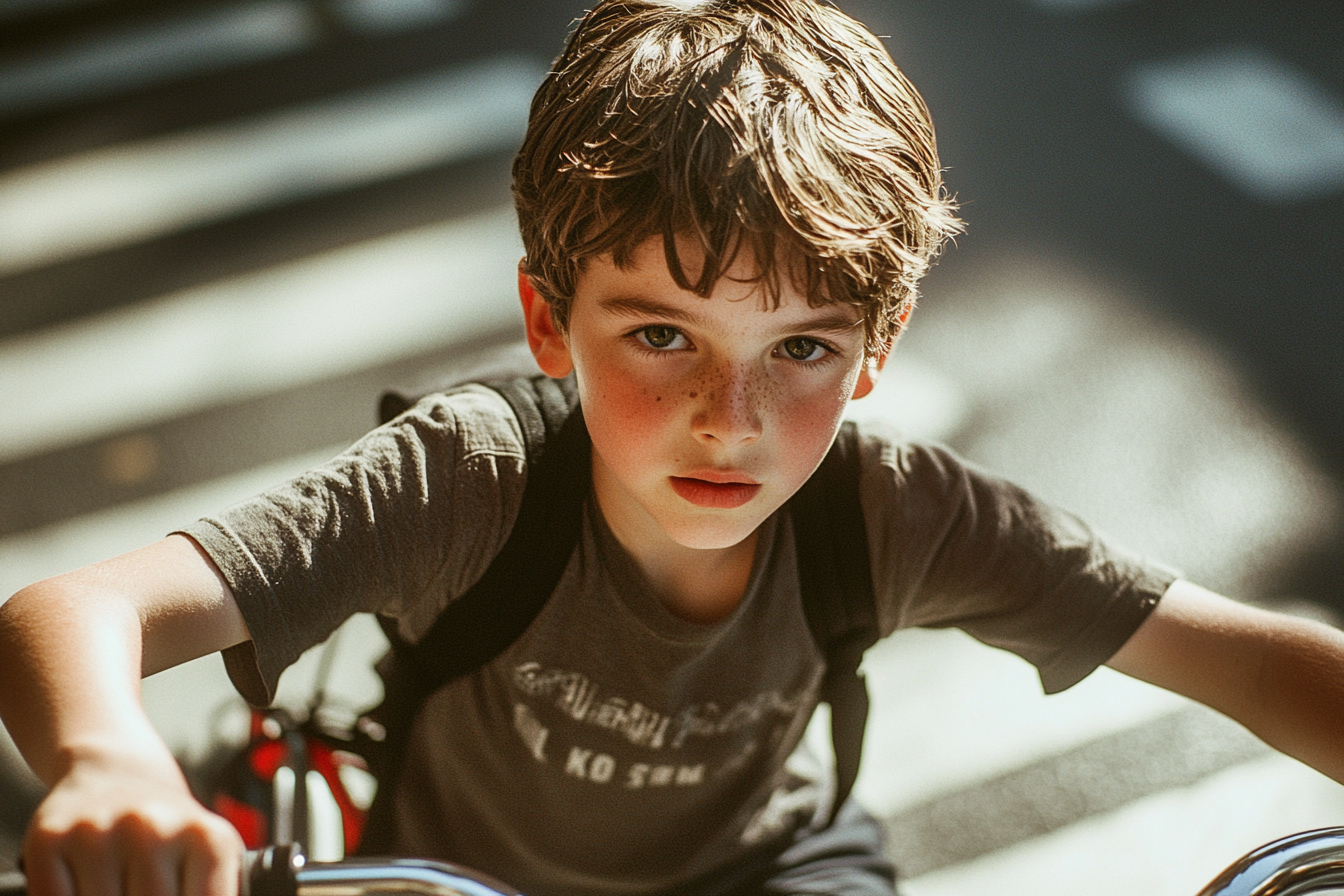 Young Boy Determinedly Biking Through Crossing