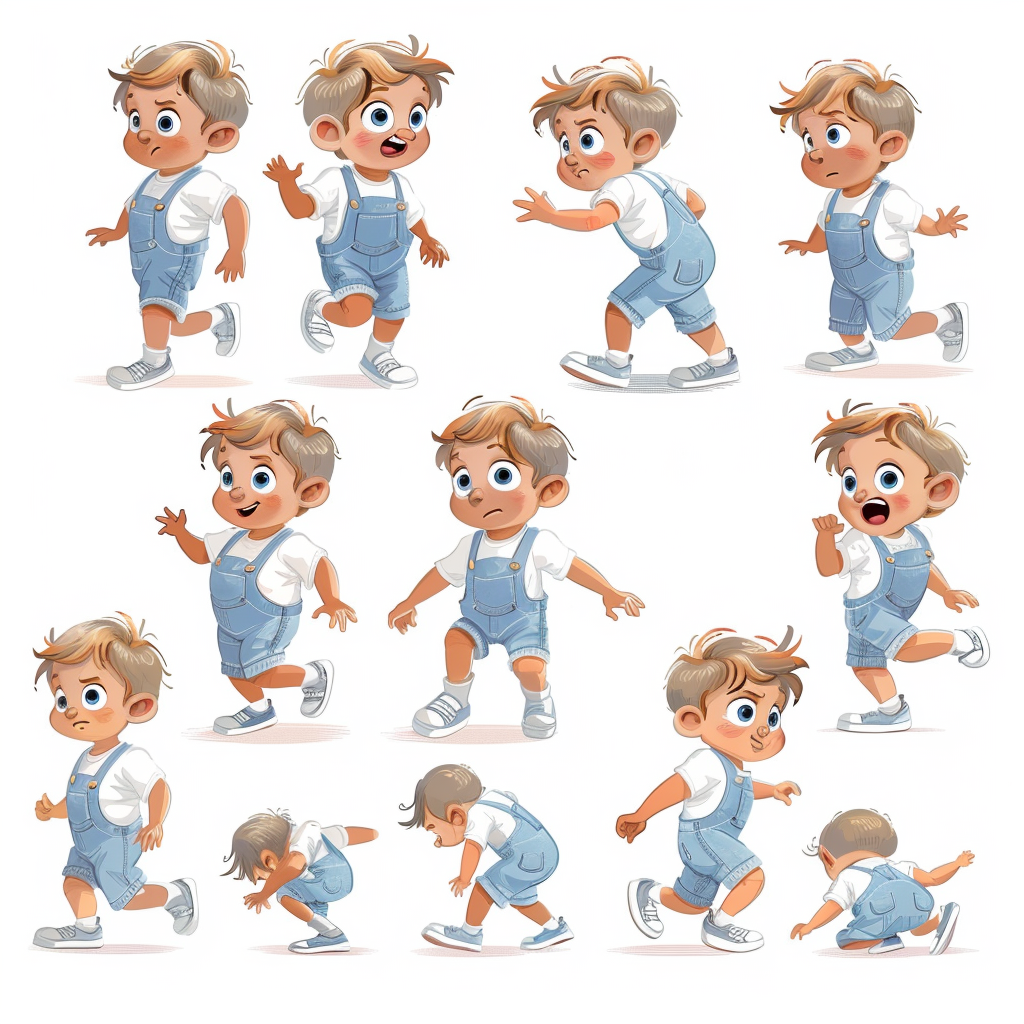 Young Boy in Overalls: Running, Smiling, Scared.