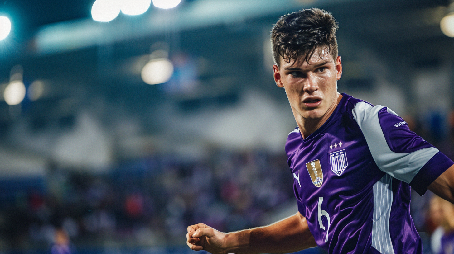 Young Canadian defender in Fiorentina jersey blocks opponent.