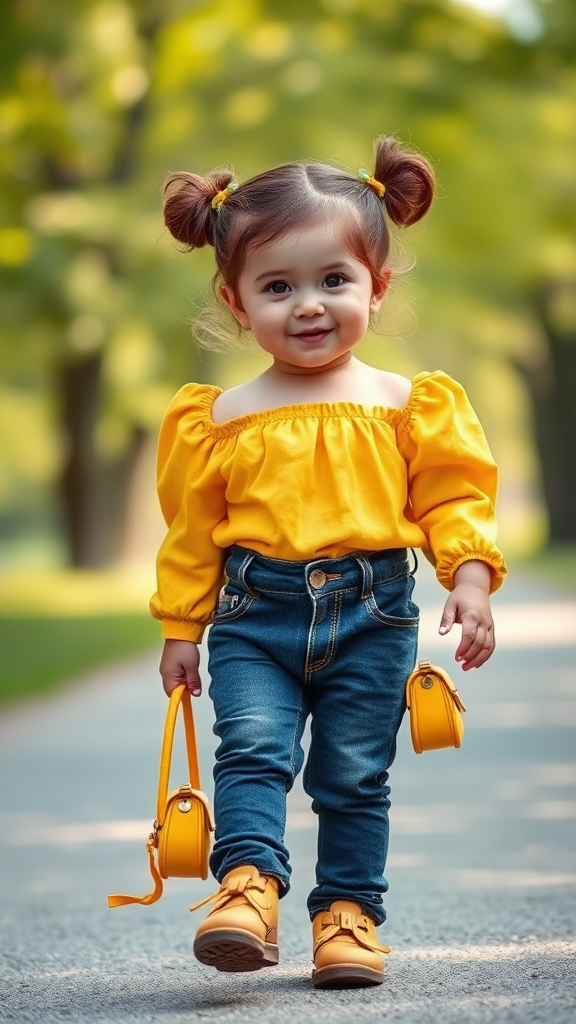 Young Child in Stylish Outfit Walking in Park.