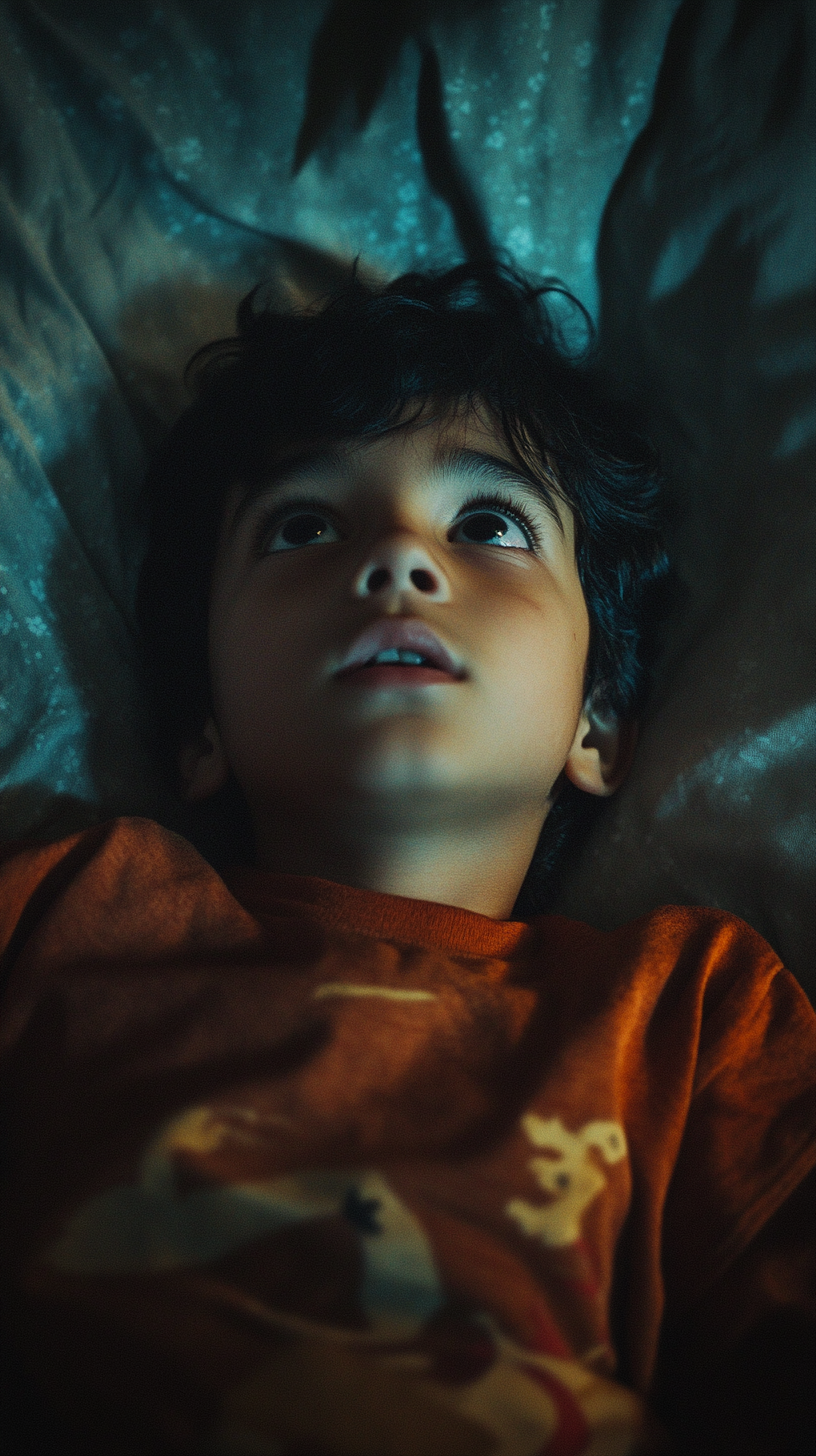 Young Hispanic kid staring wide-eyed in dark bedroom.