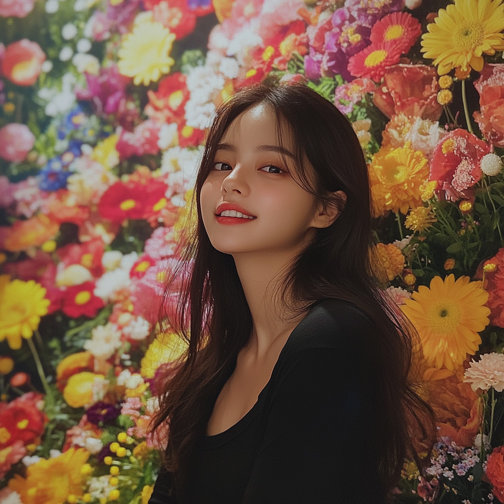 Young Indonesian Girl Smiling with Flowers Background