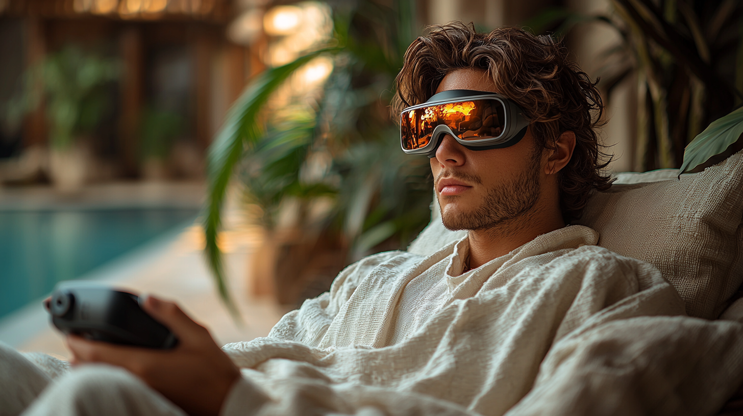 Young Italian man in DJI Goggles focuses on filming luxe Airbnb, surrounded by greenery and modern decor.