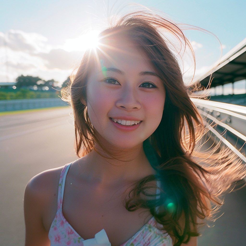 Young Japanese Woman Smiling at Racetrack Entrance