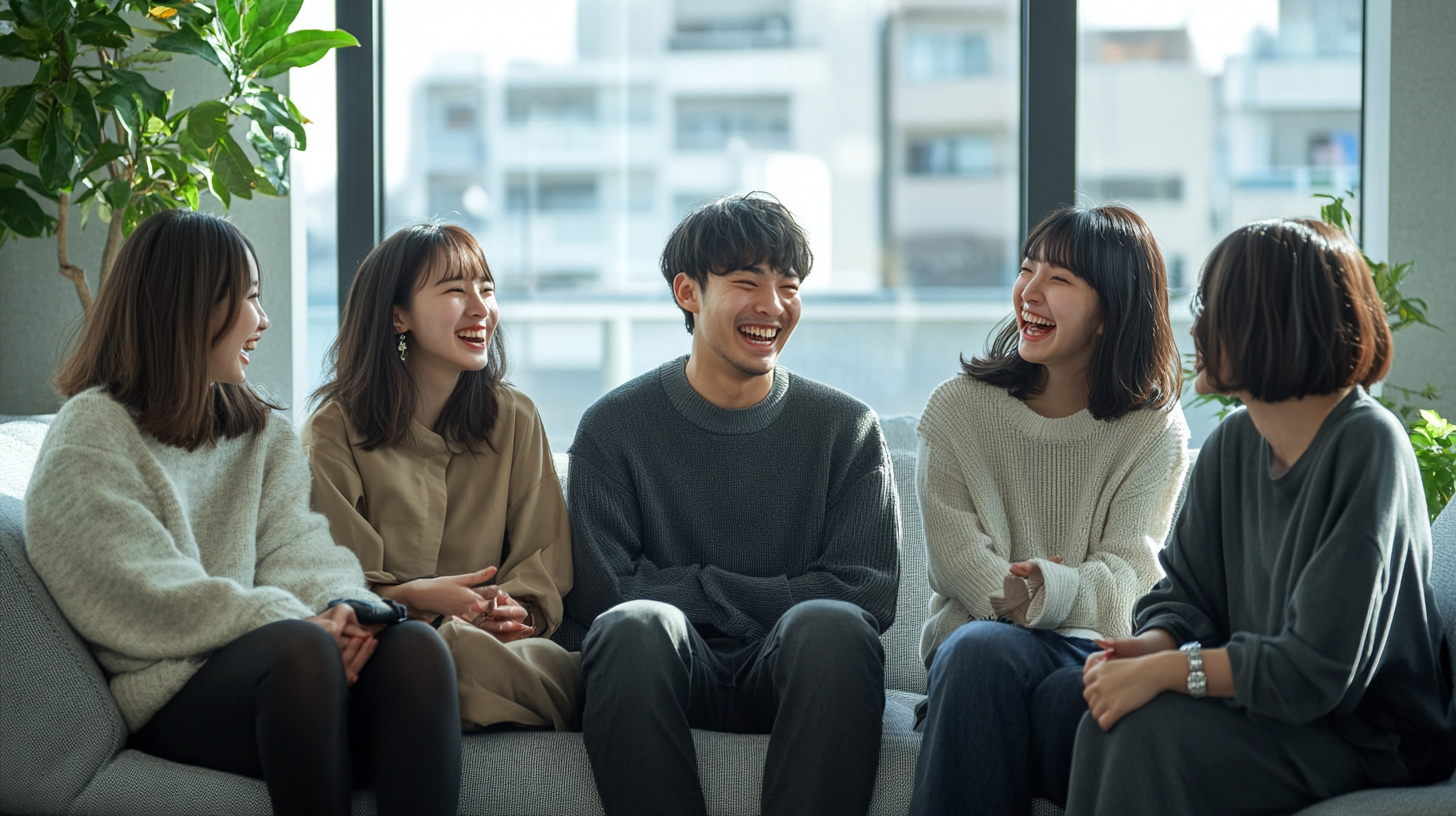 Young Japanese group chatting joyfully on stylish sofa.