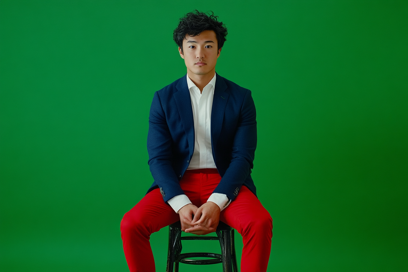 Young Japanese man in navy blazer sitting on stool.