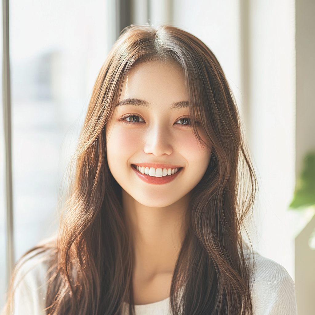 Young Japanese woman in bright room with natural smile.