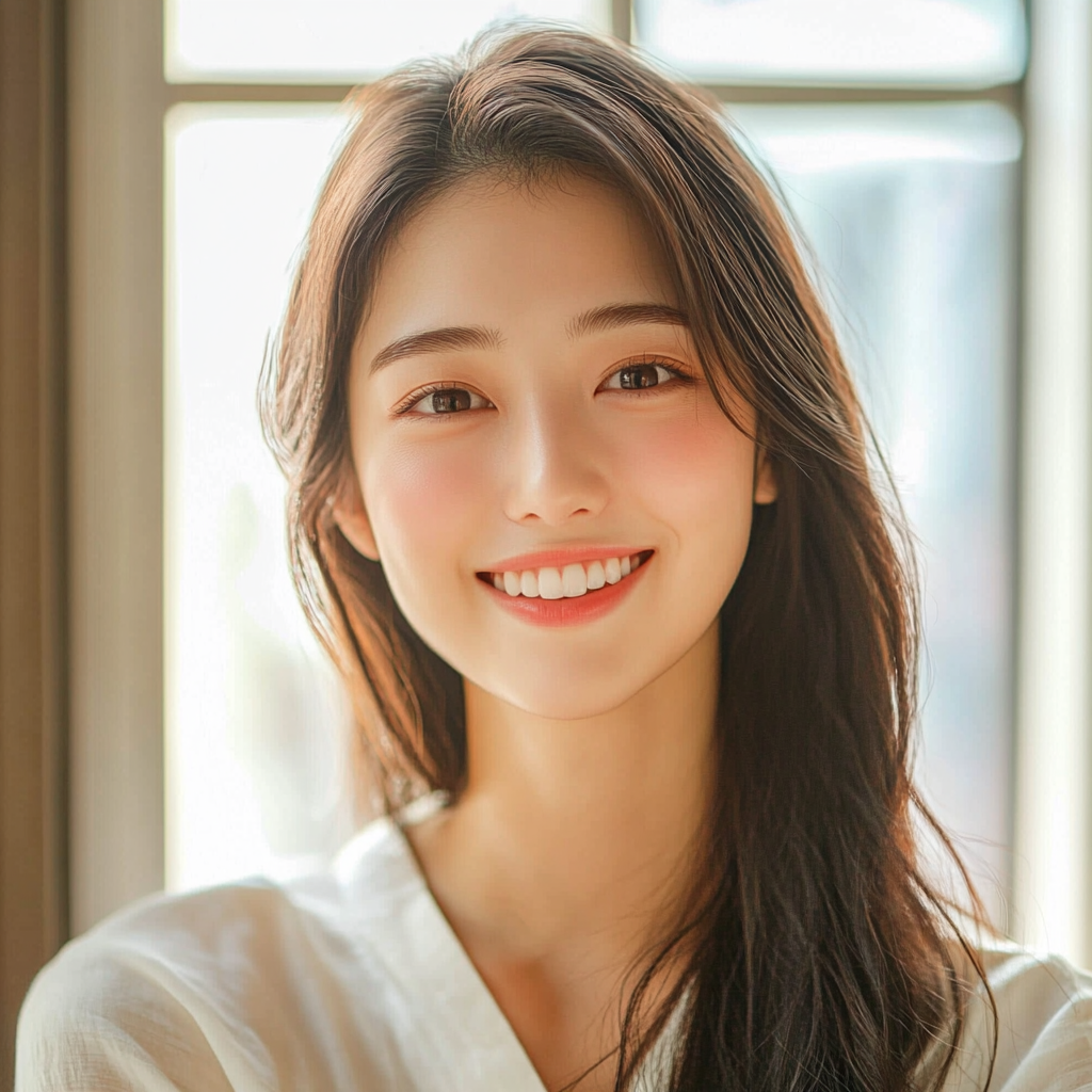 Young Japanese woman in bright room with smile.